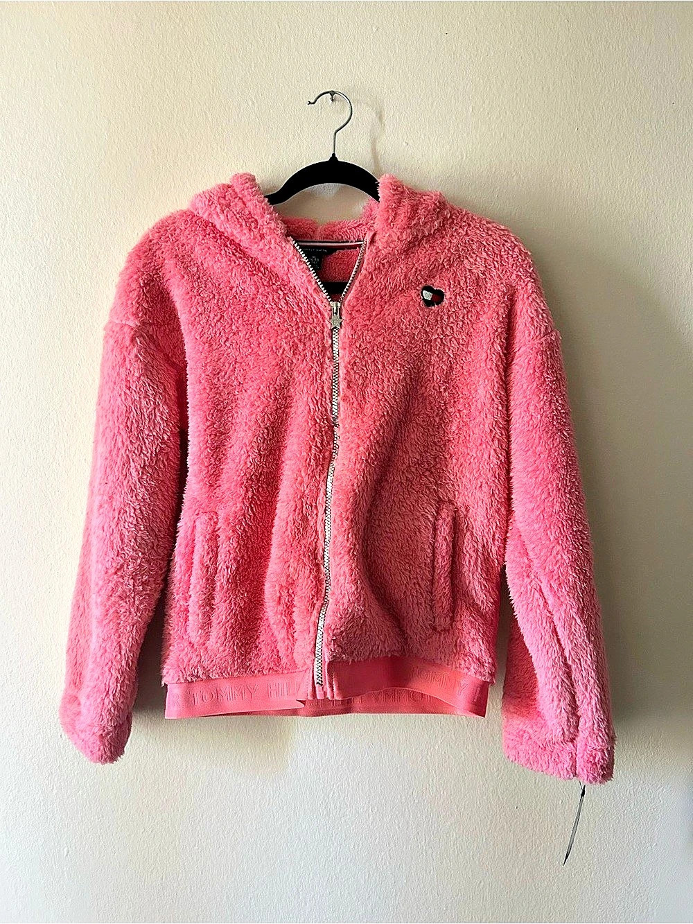 Tommy Hilfiger Girls NWT Minky Sherpa Pink Zip Hoodie Sweatshirt XL Logo
